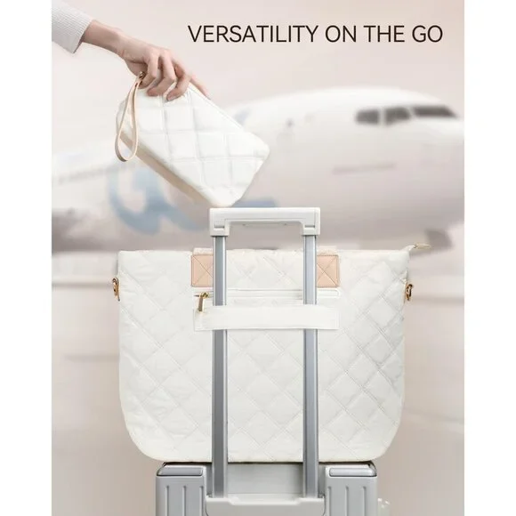 Prite Women Beige Polyester Compartment Quilted Puffer Shoulder Tote Work Bag - Picture 6 of 7